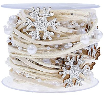 GreatRise Perlenband mit Glitzer Holz Schneeflocke Stern, Perlengirlande Geschenkband Hängedeko Dekoband für Hochzeit Weihnachten Valentinstag Taufe Geburtstags Geschenke Silber-2 Meter/Rolle