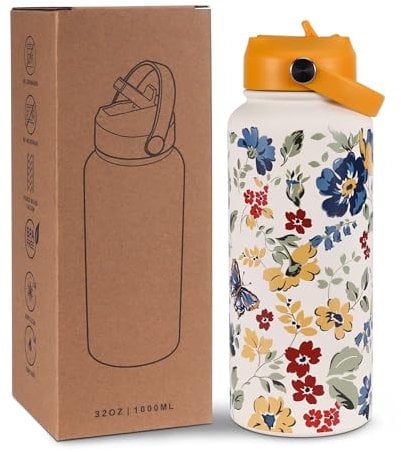 Goetland Fleur Gourde Inox 1l Isotherme Bouteille D'eau avec Paille et Ouverture pour Boire Adulte Femme Sport Personnalisable Étanche Sans BPA Reutilisable Jaune Vif
