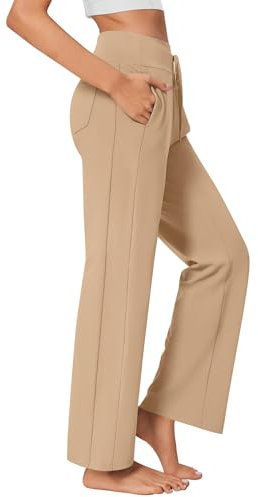 PINSPARK Jogginghose Yoga Hosen Damen Schlaghose Lang Sonnenschutz Sporthose Leggings Bauchkontrolle Freizeithose Outdoor Hosen mit 4 Taschen Fitness Weite Hose mit Gummizug Khaki XXL