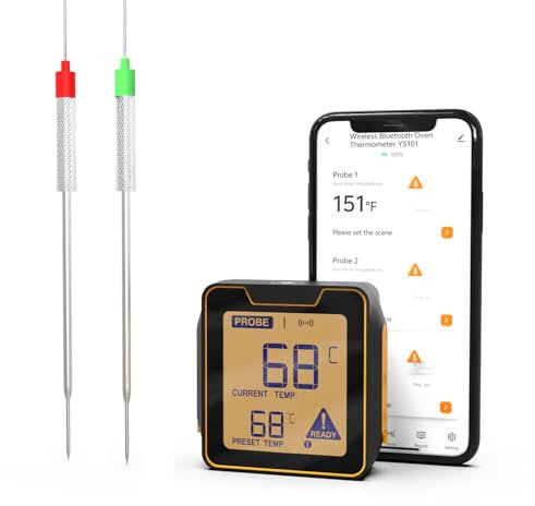 Thlevel Bratenthermometer Ofenthermometer Fleischthermometer Grillthermometer Digitales mit 2 Sonden Unterstützt Handy Bluetooth 5.0 bis zu 100m für Küchenthermometer