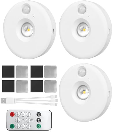 3Pack USB Rechargeable Under Cabinet Kitchen Puck Lights with Remote, 3 Color Temperatures Battery Operated LED Dimmable Push Light Timing Function Wireless Stick on for Display Shelf Cupboard Hallway