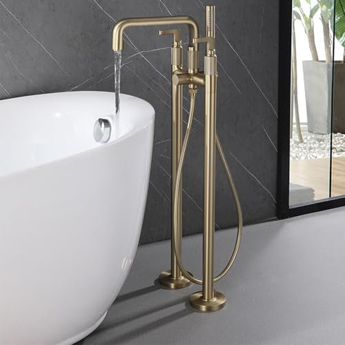 Armatur Badewanne Freistehend mit Handbrause 2 Loch Dual Modus Wasserhahn Badewanne mit Brause,Gold Gebürstet
