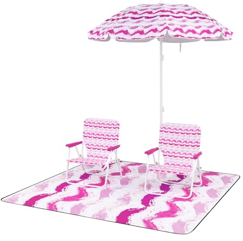 COSTWAY Strandstühle mit Schirm und Stranddecke, Sonnenschirm mit Tragetasche, beidseitig um 30° knickbar, 2 Klappstühle mit Rückentasche, Picknickdecke (Rosa)