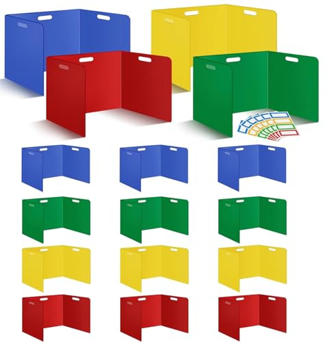 Schreibtisch Trennwand für Schüler, Faltbare Trennwand Schreibtisch mit Namensschilder Tragbare 4 Farben Sichtschutz Study Table Wasserdichte Trennwände Desks für Schule Büro Bibliothek (12 Stück)
