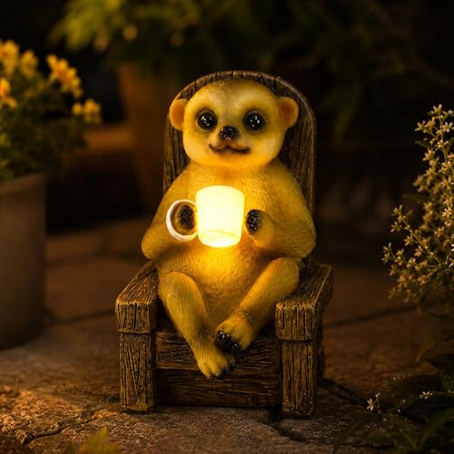 Erdmännchen Gartenfiguren für Außen Trinken Kaffee auf dem Schaukelstuhl | Erdmännchen Gartendeko mit Solarlampen, Geschenke für Frauen Mama Geburtstag, Wasserdicht Deko für Garten Balkon Zimmer