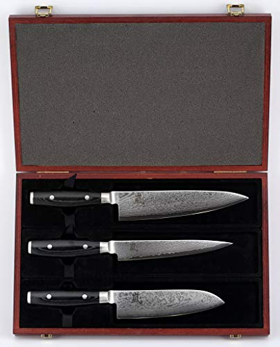 Damastmesser-SET Yaxell Ran 69 - Kochmesser + Filetiermesser + Santokumesser in exclusiver Holzbox - Schnittkern aus VG10 Gold Stahl 61-62 HRC
