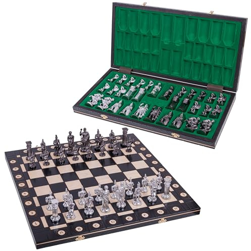 Square - Schach ROM Silver - Schachbrett aus Holz - 52 x 52 cm & Metallische Schachfiguren Schwarz Silber