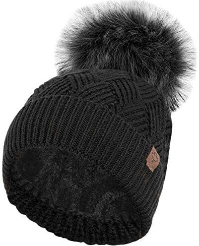 RockJock Ladies Warm Chunky Diamond Cable Knit Hat with Thermal Teddy Fleece Lining and Detachable Faux Fur Pompom-Black
