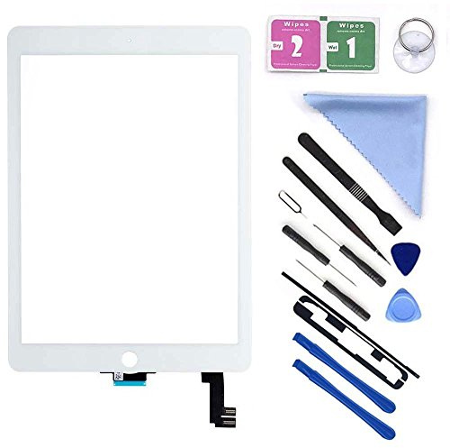 Neuf Verre de l'écran tactile numériseur de remplacement pour iPad Air 2 24,6 cm 2 nd génération A1566 pour tablette et adhésif pré-installé avec le kit d'outils de réparation (non inclus LCD) (Blanc)