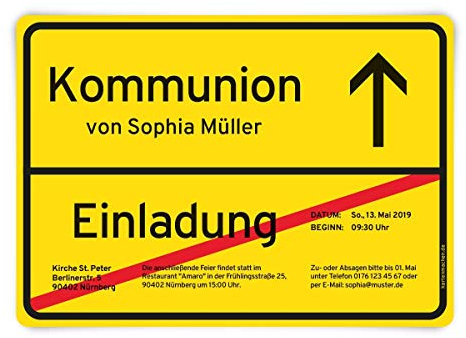 Kartenmachen.de Witzige Kommunion Einladungskarten selbst gestalten mit Ihrem Text, individuelle Einladungen Ortsschild Look, DIN A6, dickes Papier