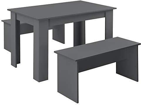 [en.casa] Tisch- und Bank Set 3 teilig Essgruppe für 4 Tisch 110 x 70 cm mit 2 Bänken Tischgruppe Sitzgruppe Grau
