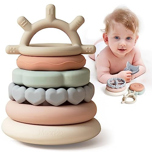 Moonkie Stapelturm für Stapelspiel, Baby Stapelspielzeug mit Ringen, Beißspielzeug Pädagogisches Lernen Stapelring Spielzeug für Babys, 7-teiliges Set