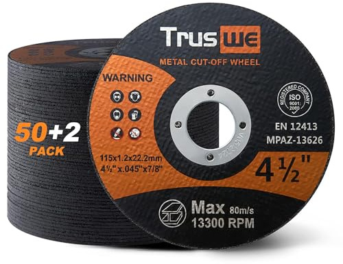 Truswe Cut Off Wheels 52 Pack,4 1/2 Inch,0.45 USD/Pack,Metal and Stainless Steel Cutting Wheel for Angle Grinder,Ultra Thin Cut-Off Wheel Cutting Disc (52 PCS 4-1/2 x .045 x 7/8 inch Cut Off Wheels)