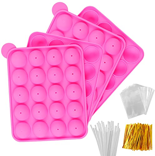 Silicone Cake Pop Mold Set - 2 Pack Lollipop Molds Kit with 40 Cake Pop Sticks, 100 Candy Treat Bags, and 100 Gold Twist Ties, Great For Chocolate Lollipop, Candy, Cake Pops