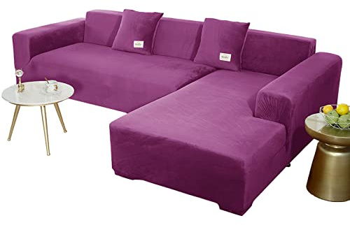 JHLD Sofabezug L Form, Stretch Sofabezug Samt L-förmiger Sofabezug Weiche Anti-rutsch Sofa Überwürfe Für Ecksofa-lila-4 Sitzer+4 Sitzer
