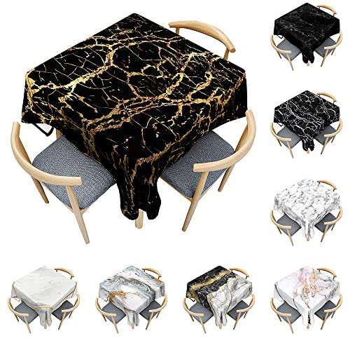Odot Tischdecke Quadratisch Wasserdicht Polyester, Pflegeleicht Fleckschutz Abwaschbar 3D-Schwarz-Weiß-Marmor Rechteckig Tischdecke für Home Küche Couchtisch Dekoration (schwarzes Gold,60x60cm)