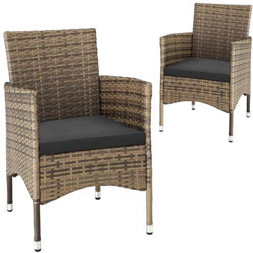 tectake® Set de 2 Sillones en Ratán y Acero, Muebles Jardín Exterior Resistentes a la Intemperie, Sillón para Conjunto Jardín Exterior, Cojines con Fundas Intercambiables, Fácil Montaje - natural/gris