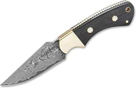 Gil Hibben United Cutlery feststehendes Messer Damascus Sidewinder Knife - Messer mit Damast-Klinge und einem Griff aus Pakkaholz - inkl. passgenauer Lederscheide, Schwarz
