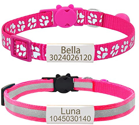Senristar Personalisierte 2 Pack Reflektierende Katze Halsband,Benutzerdefinierte Breakaway Katze Halsbänder mit Namensschild und Glocke, Anti-Verlust Namensschild Katze Halsband für Mädchen & Jungen
