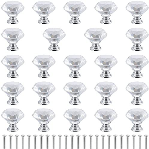 JEUIHAU 24 Pack Crystal Knobs, 30mm Clear Drawer Knobs with 24 Screws, Crystal Glass Door Knobs Door Handles Diamond Pulls for Cupboard Cabinet Dresser Drawer