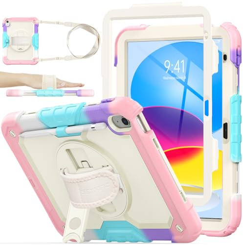SEYMAC stock Hülle für iPad A16 11./10. Generation 11/10.9 Zoll 2025/2022, Stoßfeste Hülle mit Displayschutzfolie, 360 Drehbarer Ständer/Handschlaufe, Stifthalter & Schultergurt, Camo Rosa