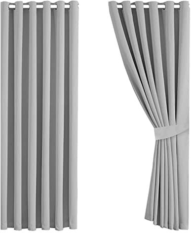 Aspire Homeware Blackout Curtains for Bedroom - Light Grey Eyelet Curtains Living Room - Thermal Insulated & Energy Saving Privacy Protection 66x90 inch Drop Curtain Drapes with Tiebacks, 2 Panels