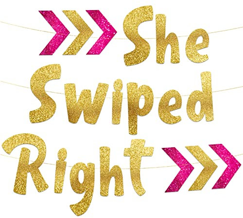 Lustiges goldenes Glitzer-Banner mit Aufschrift She Swiped Right Bachelorette Party, Dekoration für Junggesellinnenabschiede, Gastgeschenke und Zubehör