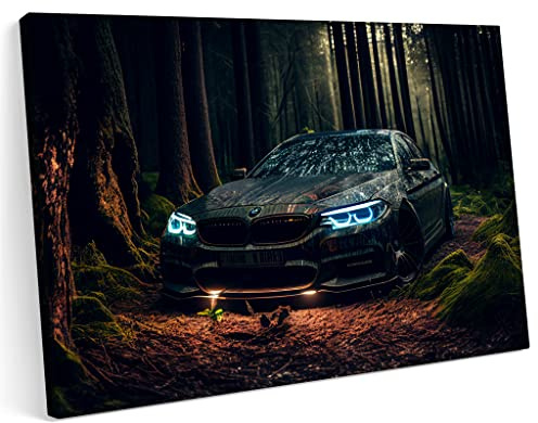Printonia Bilder Leinwandbild 120x80cm BMW 5er F80 Sportwagen im Wald Neon Tuning Night