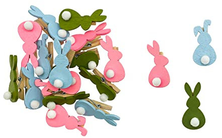 Oblique Unique® Lot de 18 mini pinces à linge en bois de lapin - Pinces décoratives en bois véritable - Rose, bleu et vert - Décoration de Pâques créative pour cadeaux, cartes, bricolage, scrapbooking