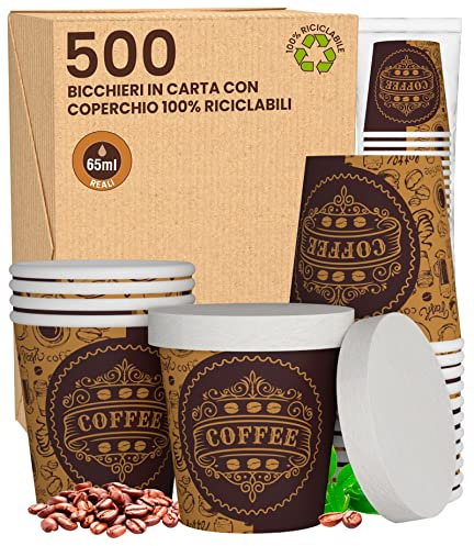 Lot de 500 verres en papier pour café 65 ml à emporter PubCUP avec couvercle en papier, verres écologiques biodégradables jetables petits emporter boissons chaudes + 500 couvercles