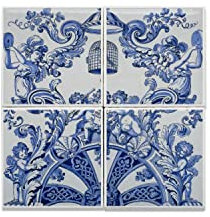 Fabulous Lot x4 Carreaux Céramique Décoratif 10,8 x 10,8 cm - Anges Baroque Ceramique Bleu Blanc Ceramic (Taille totale 21,6 x 21,6cm)
