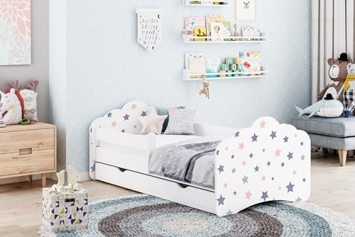 Happy Babies MOBI - Kinderbett 160 x 80 | Jugendbett mit Rausfallschutz & Bettkasten | farbigem Aufkleber | Kinderbett mit Matratze 80x160 | Kinder-Bett für Mädchen & Jungen WIESS (M40)