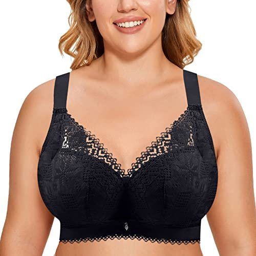 Women's Full Cup Bra Underwired Bra Padded Elegant with Flowers Lace Push Up Lace Sexy Excellent Support Large Breasts Non-Wired Bra, black, UK 10
