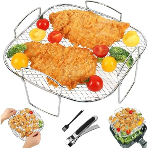 Air Fryer Racks, 304 Stainless Steel Air Fryer Square, 3PCS Air Fryer Grill/Shelf Rack with Brush and Clip, Dehydrator Rack Air Fryer Accessories for Instant Vortex, Tower, Gourmia Air Fryer & Oven