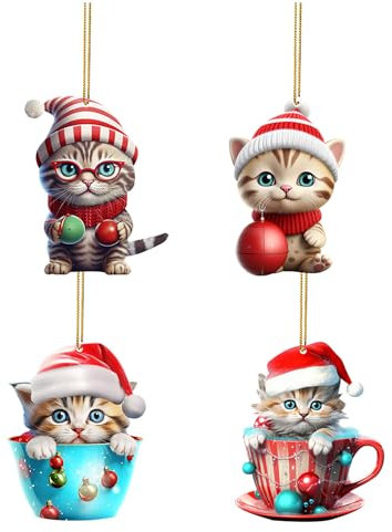 4pc Cute Christmas Style Katze Anhänger Schneemann Anhänger Weihnachtsbaum Anhänger Auto Anhänger Tasche Anhänger 2D Acryl flach Weihnachtsbaum Anhänger (A)