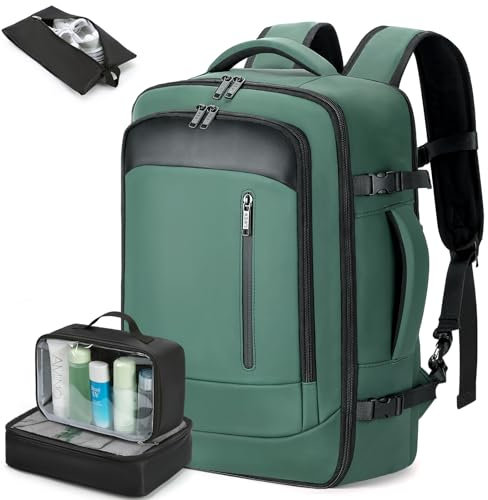 Lekeinchi Handgepäck Rucksack Flugzeug Herren Damen, Ryanair Handgepäck 40x20x25(20L), Wasserdicht Rucksack mit 3 Packwürfeln, Groß Reiserucksack Travel Backpack für Reise Arbeit Ferien-Grün