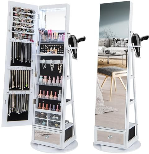 COSTWAY 360° Swivel Jewellery Cabinet, LED Lights Lockable Jewelry Armoire with Full Length Mirror, Large Storage, Hairdryer Mount & Rear Shelves, Freestanding Jewellery Organiser Unit (White)