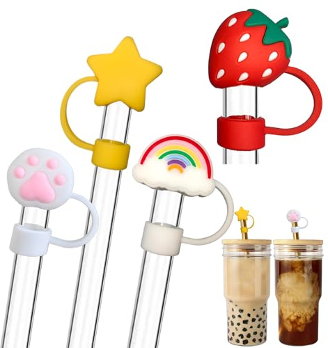 4PCS Boba Straw Cover Cap, 12mm & 14mm Large Silicone Straw Toppers Tips Caps Stopper for Smoothie Jumbo Wide Glass Boba Straws (YE_12&14mm)