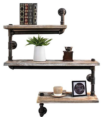 UESUENYENS 3 Ebenen Wandregal Vintage Retro Industrie Bücherregal aus Holz Lagerregal Dekor Lagerregal Regalhalter Industrial Rohr Wand Wandpaneel