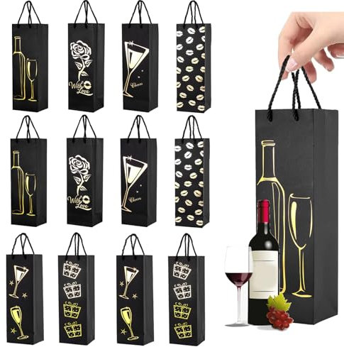 Lot de 12 sacs cadeaux en papier kraft épais avec poignée rotative satinée, porte-bouteilles, 6 designs, champagne et emballage de bouteille de vin, pour anniversaires, cérémonies