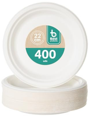 BEST PRODUCTS 400 Platos Caña de Azúcar Desechables Ecológicos Biodegradables Compostables y Reciclables Para Fiestas Cumpleaños Comuniones Redondos Llanos Ø 22 cm