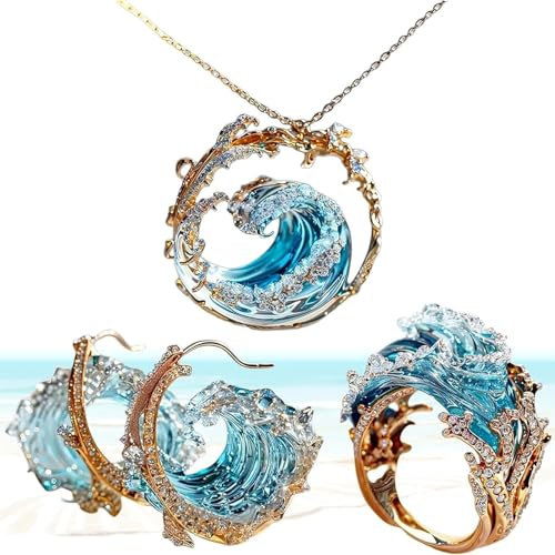 HOUSN Ocean's Oath Schmuckset, Set mit Halskette und Ringen mit blauen Ozeanwellen, S925 Silber Zirkonia Boho Ozeanstrand Schmuck, für Frauen und Mädchen,Gold