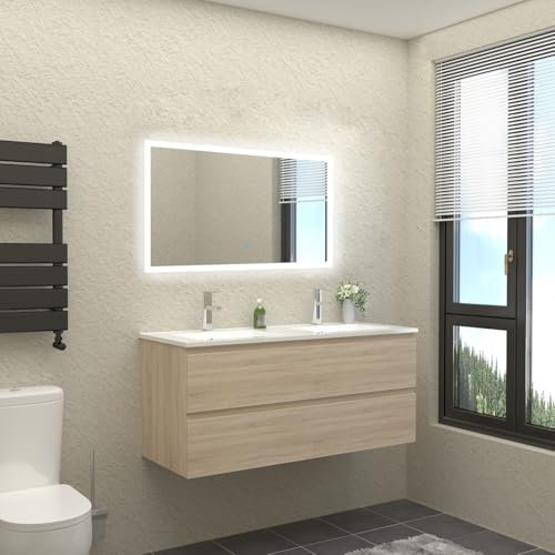 HAPAOSO Ensemble Meubles Salle de Bain avec Double Vasque + 120 cm Meuble sous Vasque Couleur chêne(Double Porte Ouverte)+Miroir LED 120x70cm
