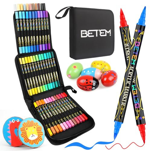 Betem 48 Colors Paint Markers Acrylic Paint Pens, Dual Tip with Brush Tip and Fine Tip, Art Supplies for Rock Painting, Wood, Canvas, Stone, Glass, Ceramic,DIY Crafts Making Drawing Kit with Bag