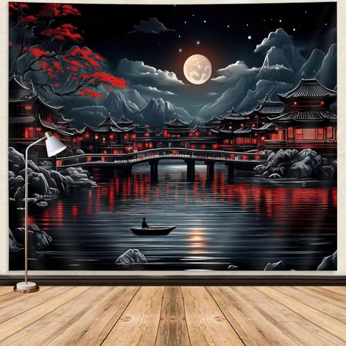 GOAOK Japanese Anime Tapestry, Cool Red and Black Dark Nature Mountain Riverside Full Moon Landscape Aesthetic Tapestry for Men, Asia Japanese Art Tapestries for Bedroom Living Room College, 40X30