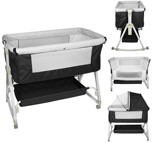 homewell 2 en 1 Lit Cododo Bebe Pliable, Berceau Cododo 0-30 Mois, 6 Réglages de Hauteur, Berceau bébé Mobile Lit d'Appoint, Grand Panier, Apportez UNE moustiquaire (Noir, 95 * 50*(98-110) cm)