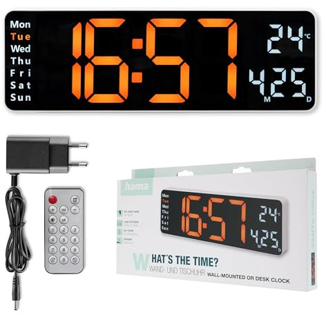 Hama Digitale Wanduhr groß (LED modern, Wanduhr Thermometer, Digital Uhr Wecker, Tisch Küche, Digitale Stoppuhr groß, Wand Fernbedienung, Wohnzimmer dimmbar