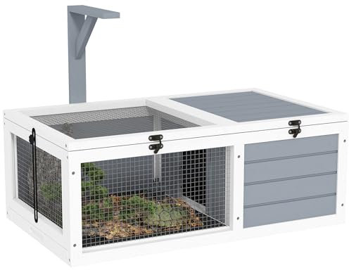 PawHut Casetta per tartarughe, in legno, con portalampada, 2 vassoi estraibili, per esterni e interni, colore grigio chiaro