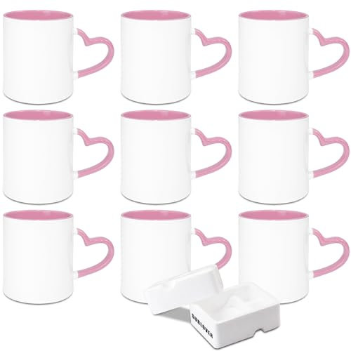 SUBLOVER Set of 9 Sublimtion Blanks Ceramic White Tazas Para Coffee Mugs 11OZ Sublimation Cups Bulk For Christmas for Mug Press Machine,Color Inner and Heart Handle(Pink)