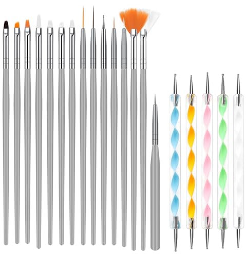 URAQT Nail Art Brushes Set, 15pcs Acrylic Nail Brush Painting Pen and 5pcs Nail Dotting Tools Kit, Nail Pen Kit Nail Art Painting Designer for Diy & Professional Use, Grey